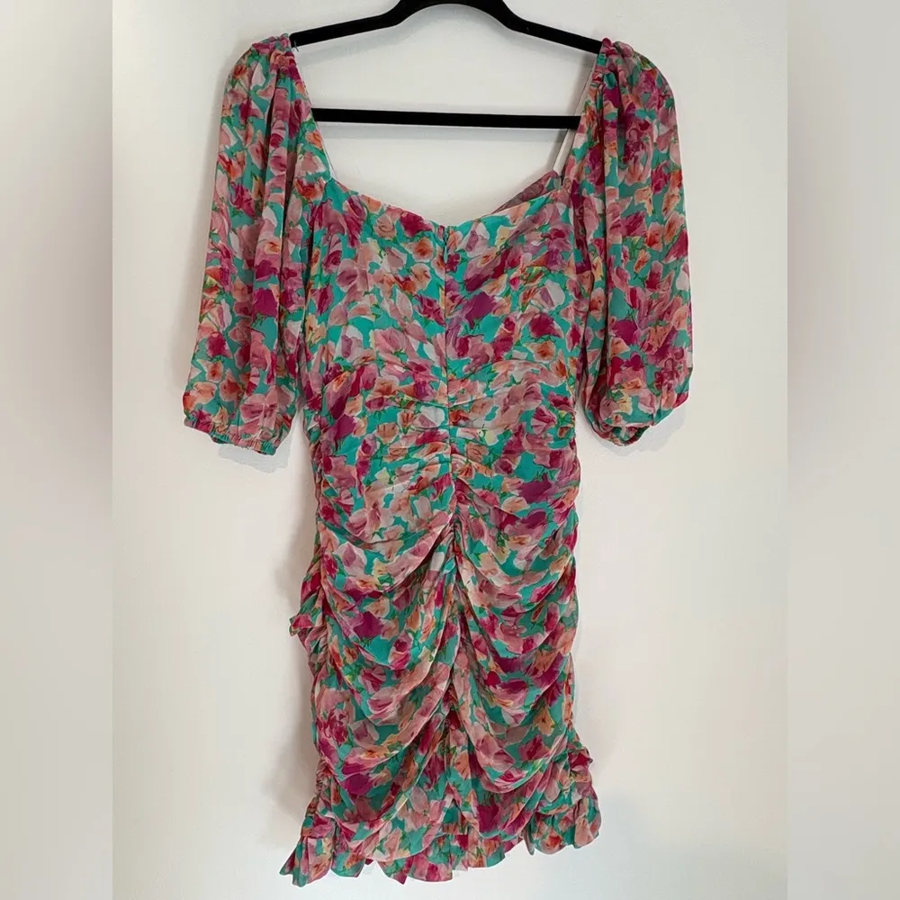 Hello Molly Vivid Lights Dress Floral Mini Ruching Puffy Sleeves Size Small NWT - Image 6