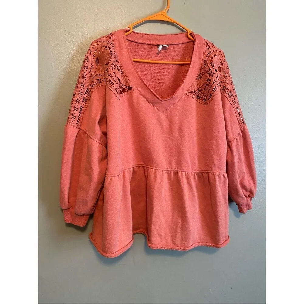 Cato Peplum Raw Hem Lace Detail Shoulder V Neck  Long Sleeve Top Size XL - Image 2