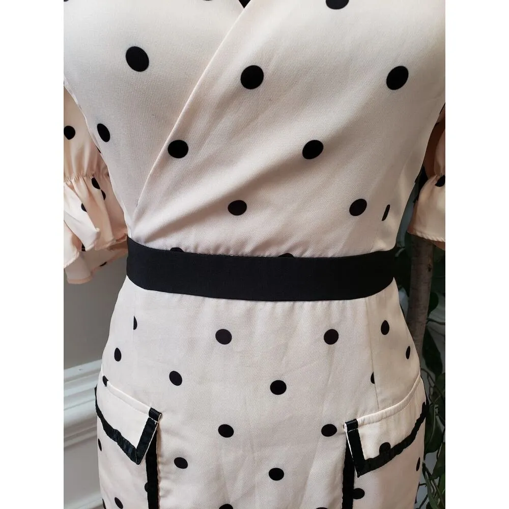 Marin Brand Womens Beige Polka Dot V Neck Short Sleeve Knee Length Shift Dress S - Image 3