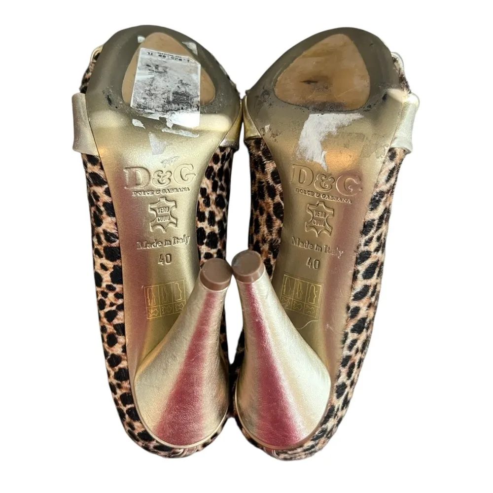 Dolce & Gabbana Women’s Vintage Peep Toe Gold Bow Leopard Print Pump Heels Sz 40 - Image 8