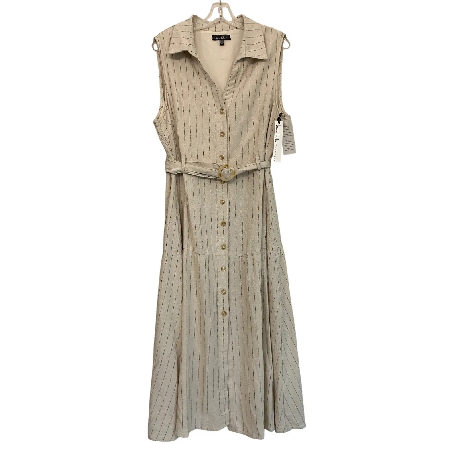 Nicole Miller Linen Striped Sleeveless Belted Midi Shirt Dress Womens 16 NWT - Image 2