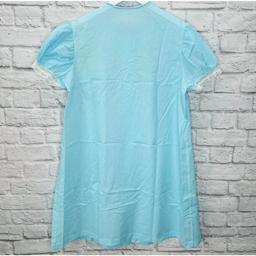 Vintage Springmaid 60s Nightgown Robe Size L Blue Short Sleeve Ruffle New Size L - Image 3