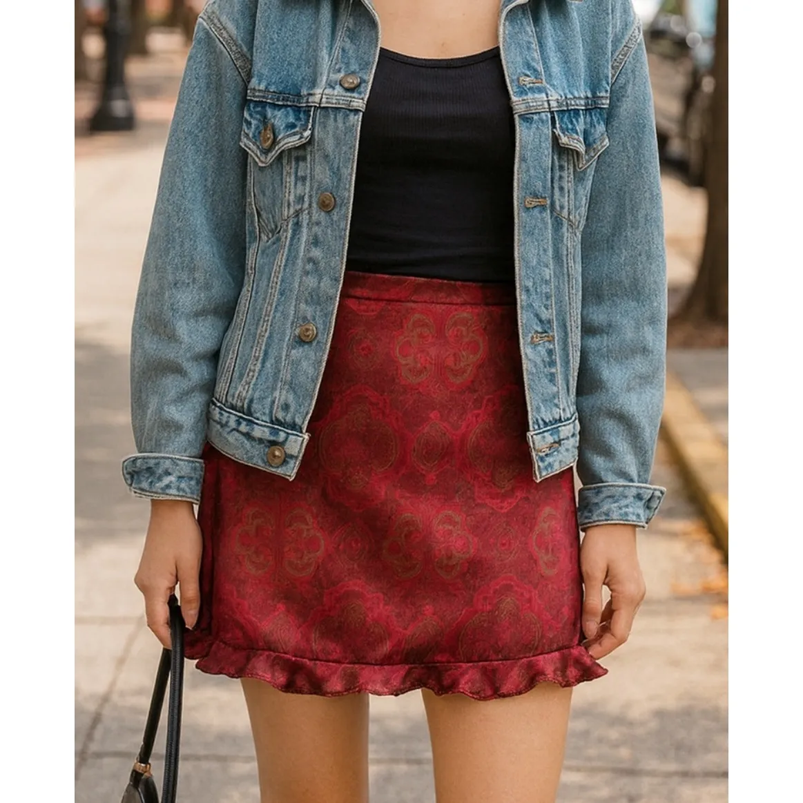 Vintage Y2K Stringbean Womens Red Satiny Floral Ruffle Hem Skirt sz 3 Dainty USA - Image 2