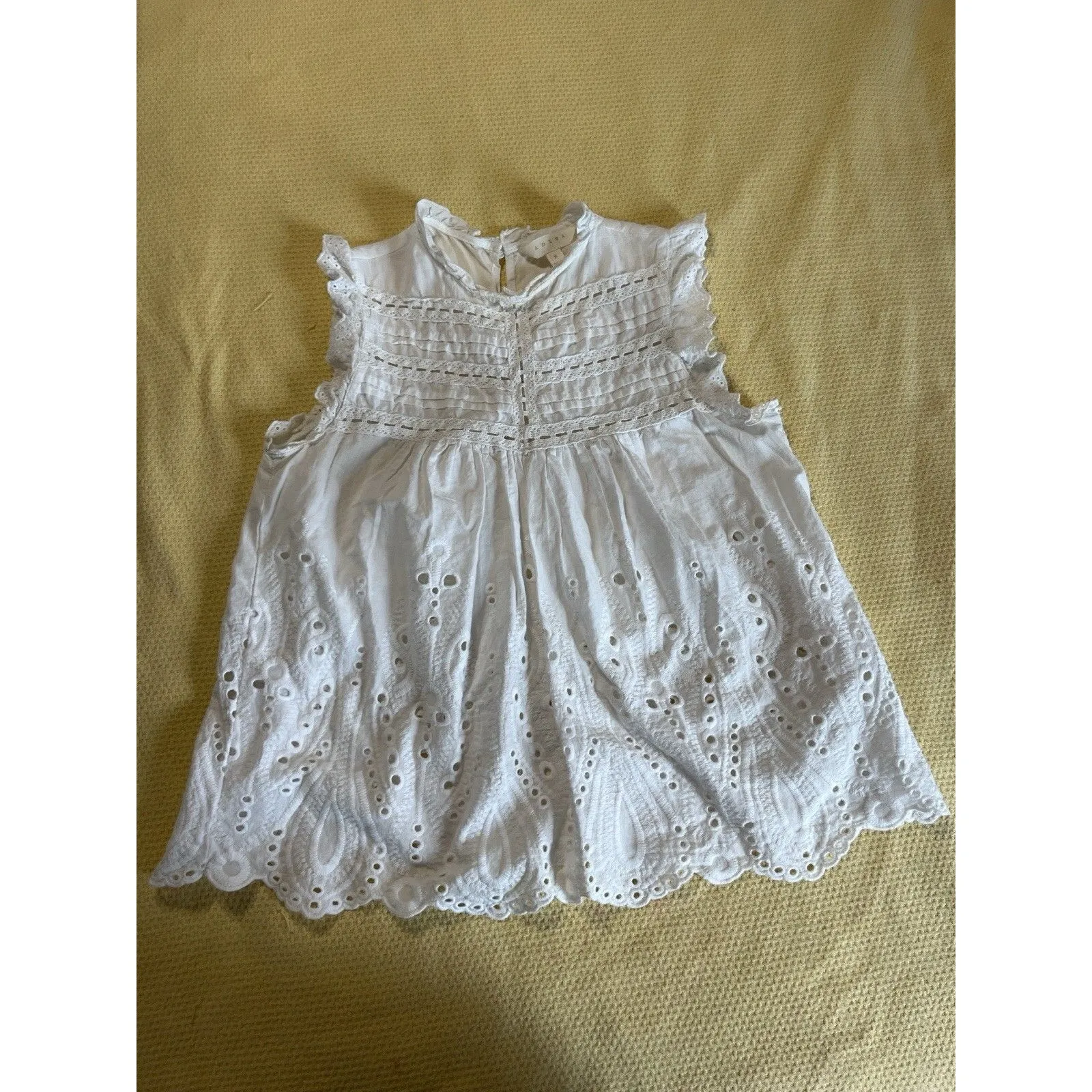 White Eyelet Lace Sleeveless Babydoll Top Pintuck Ruffle Trim Boho Cottagecore M Size M - Image 2