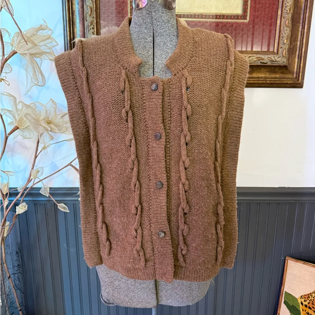Vintage Island Heritage 100% Undyed Sheep Wool Cable Knit Cardigan Sz Large 💛🍄 Brown - Image 2
