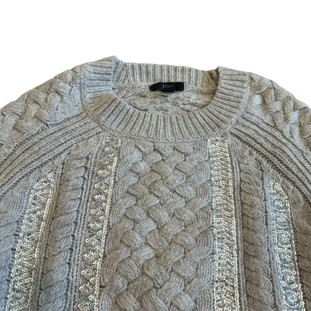J. Crew Grey Cable Knit Pullover Sweater Crew Neck Sequin Stripe Size XS Women's - Image 3