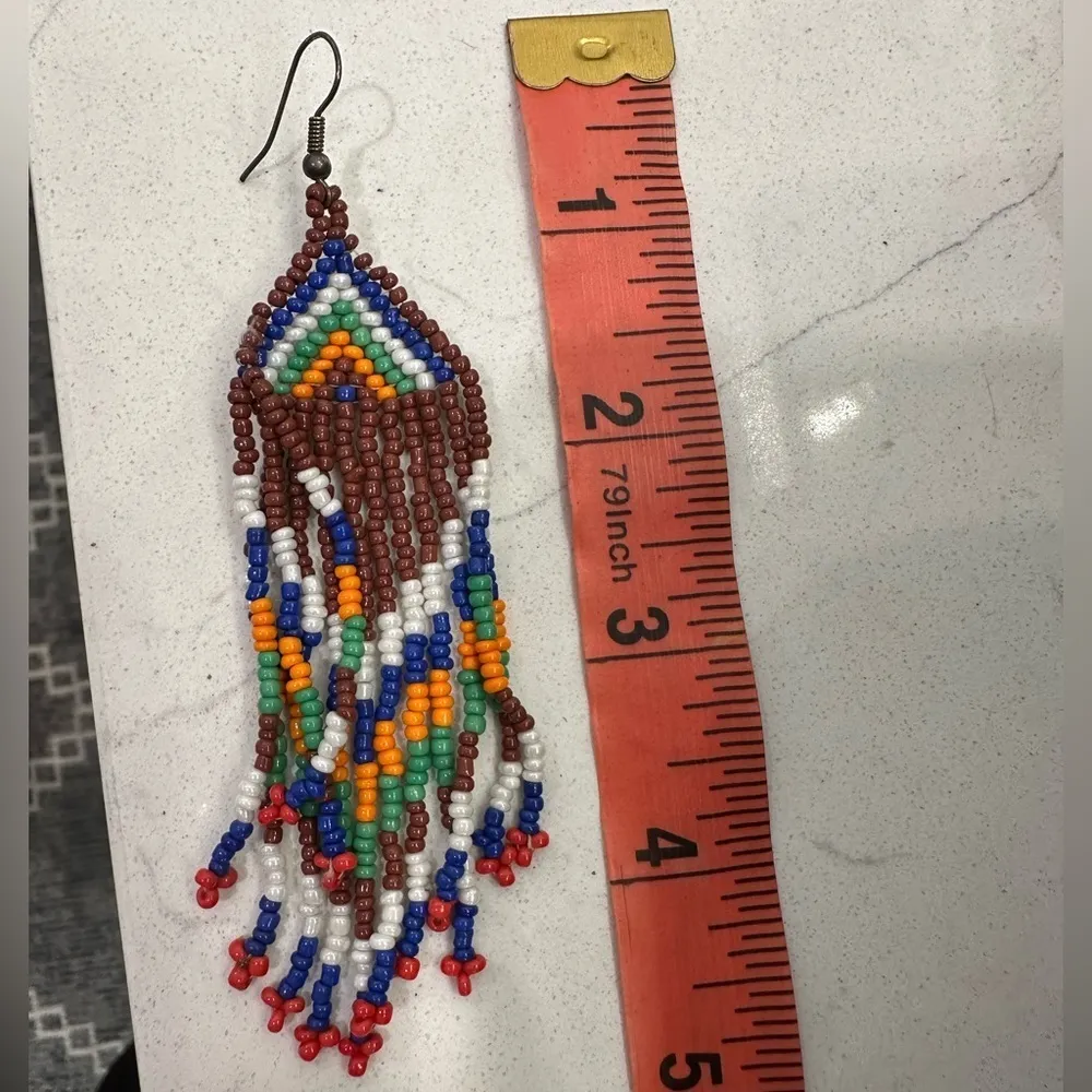 Boho/Aztec/Southwestern colorful dangly fringey long earrings 5” long. Hippy Brown - Image 4