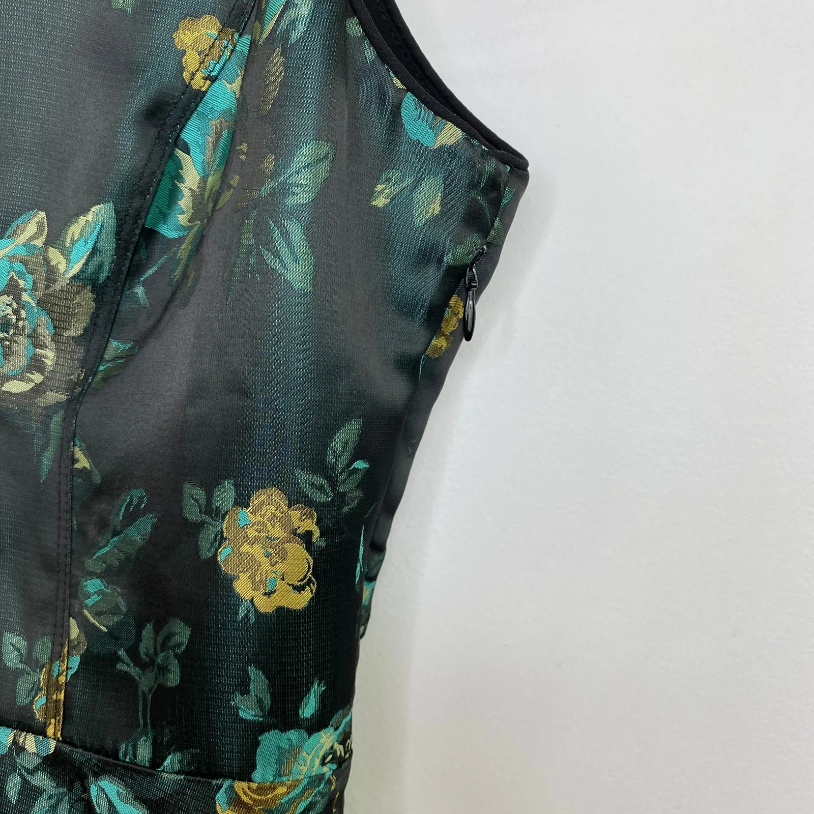 Kut from the Kloth Black Teal Floral Jacquard Mock Neck Mini Dress Size 4 Asian - Image 6