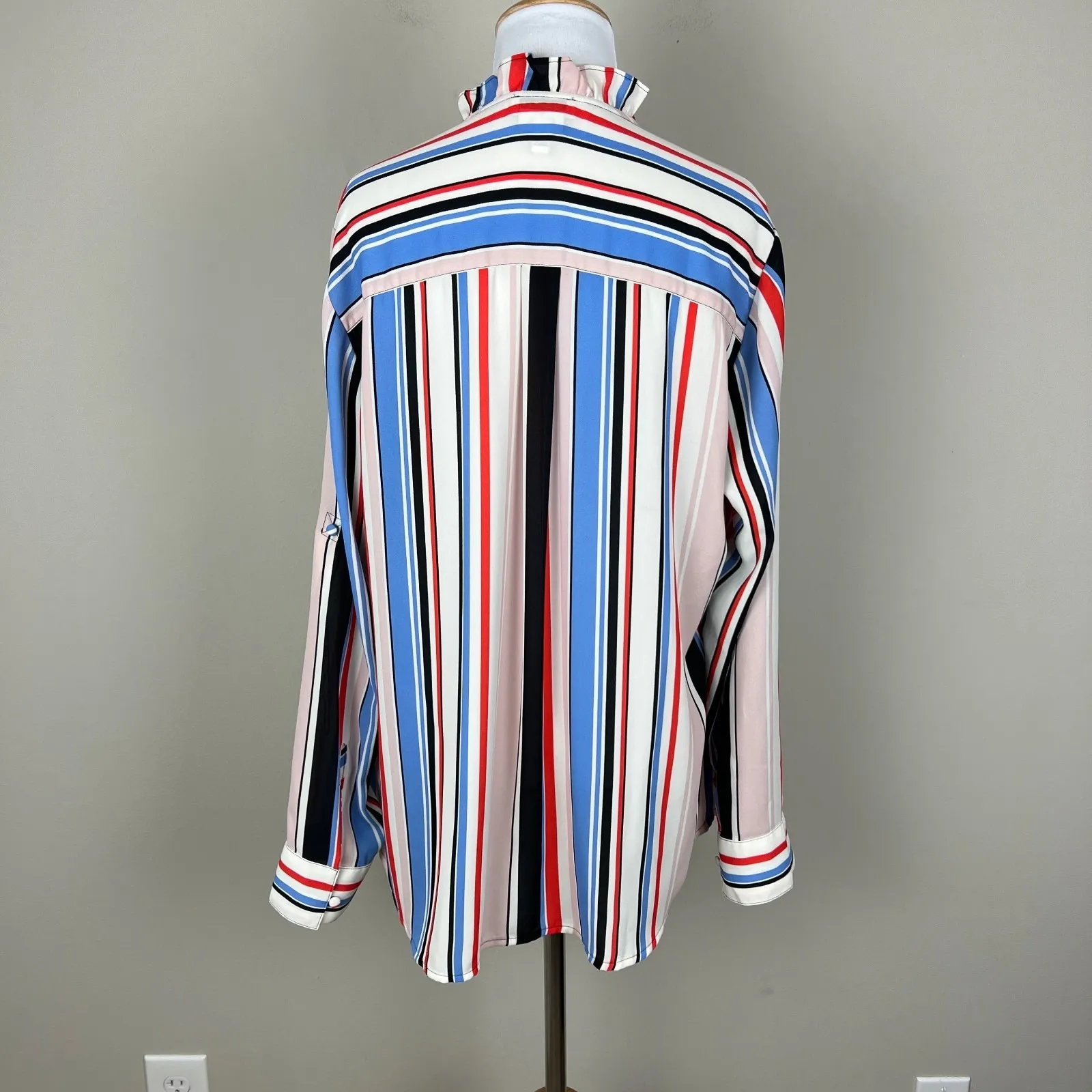 Express Portofino Slim Shirt Women L Stripe Ruffle Collar Multicolor Long Sleeve - Image 8