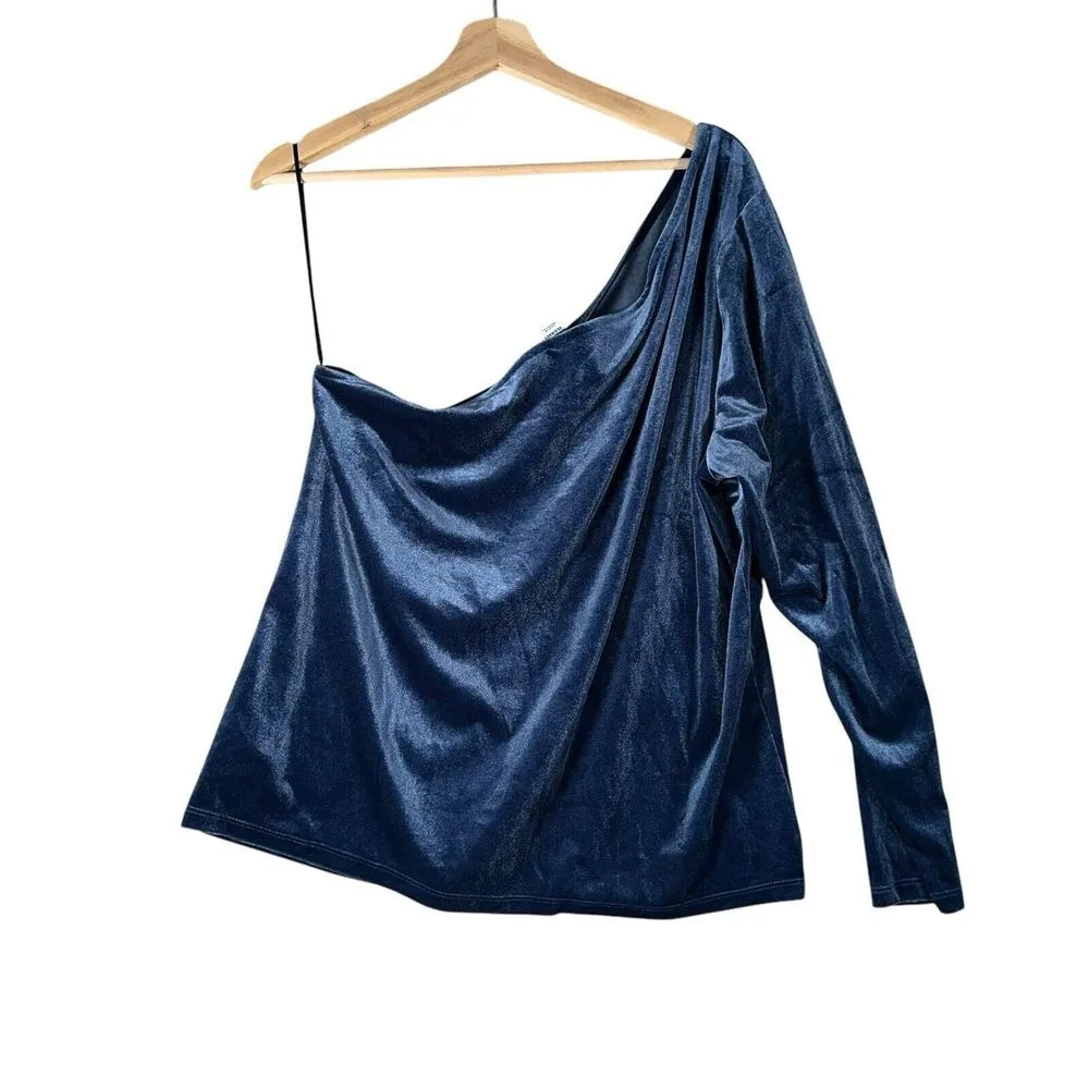 Old Navy Women Blue Winter Velvet One Sleeve Cold Shoulder Christmas Top Sz XXL - Image 2
