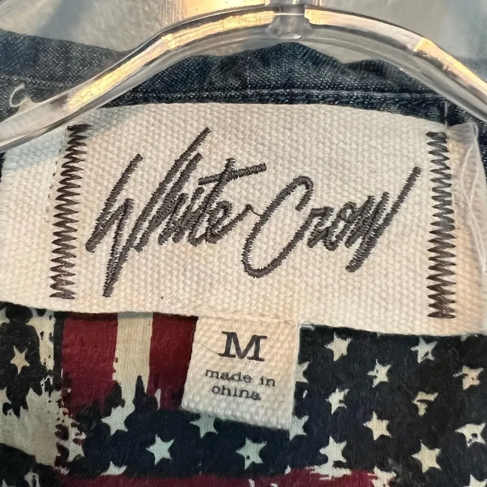 White Crow Blue Patchwork Denim Button Down Shirt M American Flag Western Detail - Image 4