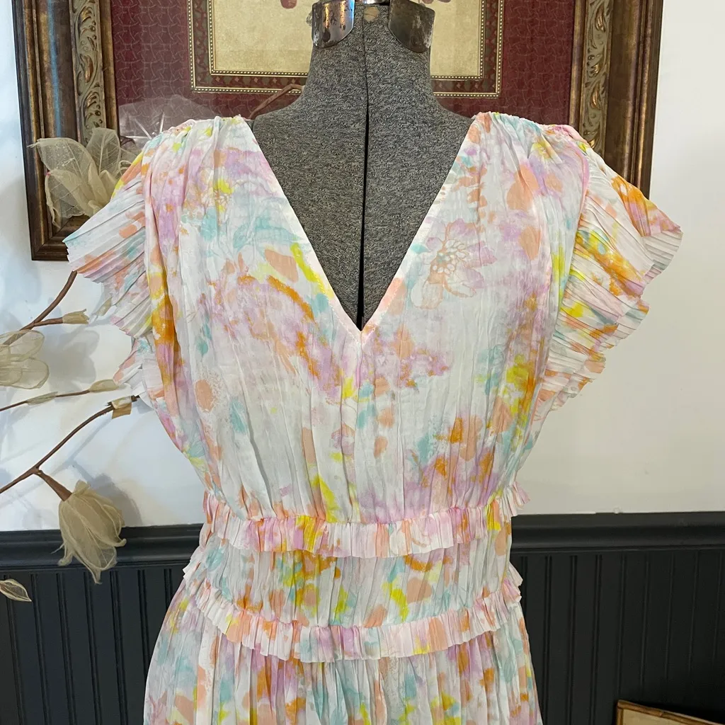 Current Air Anthropologie Sereia Shirred Pleated Watercolor Midi Dress Sz S 🧡🎀 - Image 5