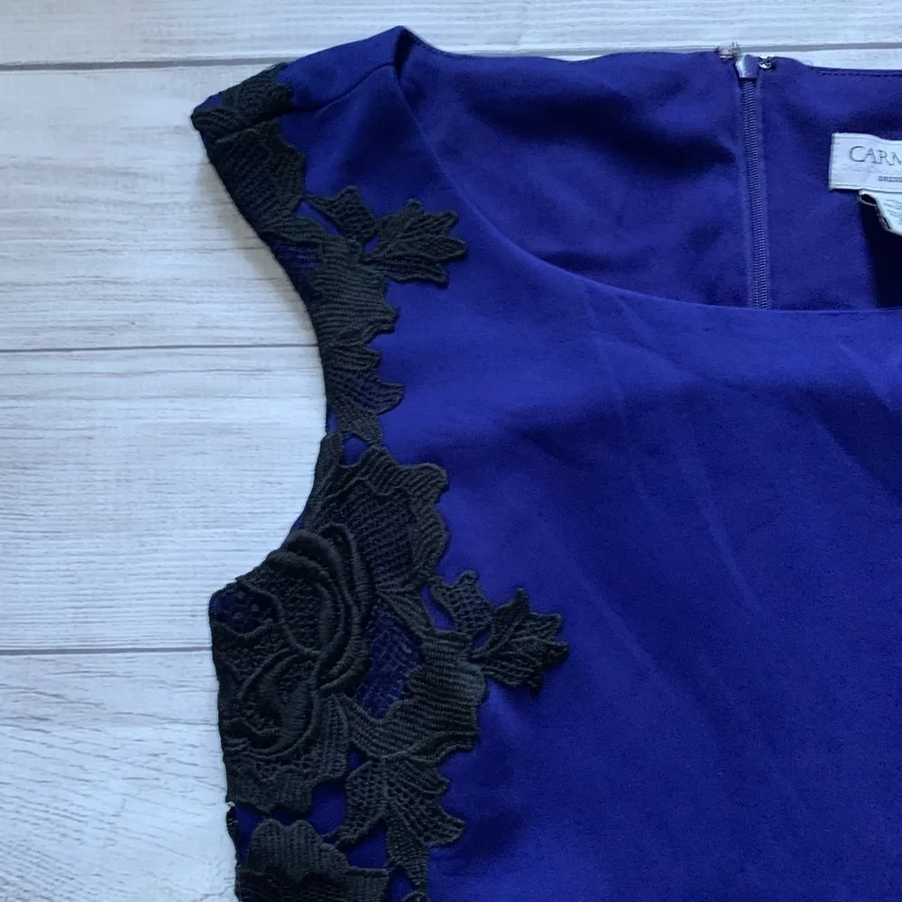 Carmen Marc Valvo Black Applique Lace Panel Deep Blue Dress in Size 4 - Image 7