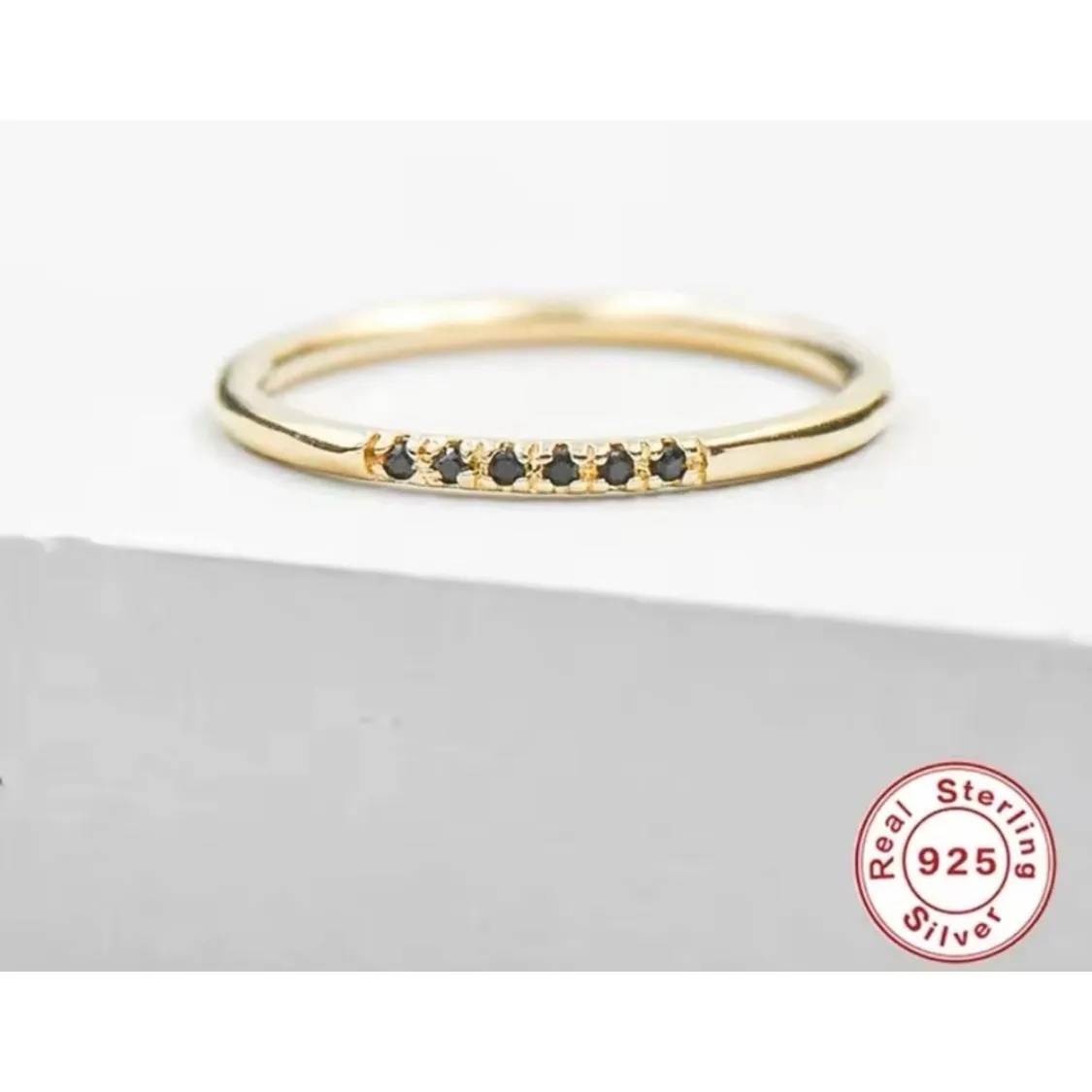 NEW Dainty 14k Gold Plated S925 Ring Black Melee‎ Stackable Minimalist Band Sz 8 - Image 9