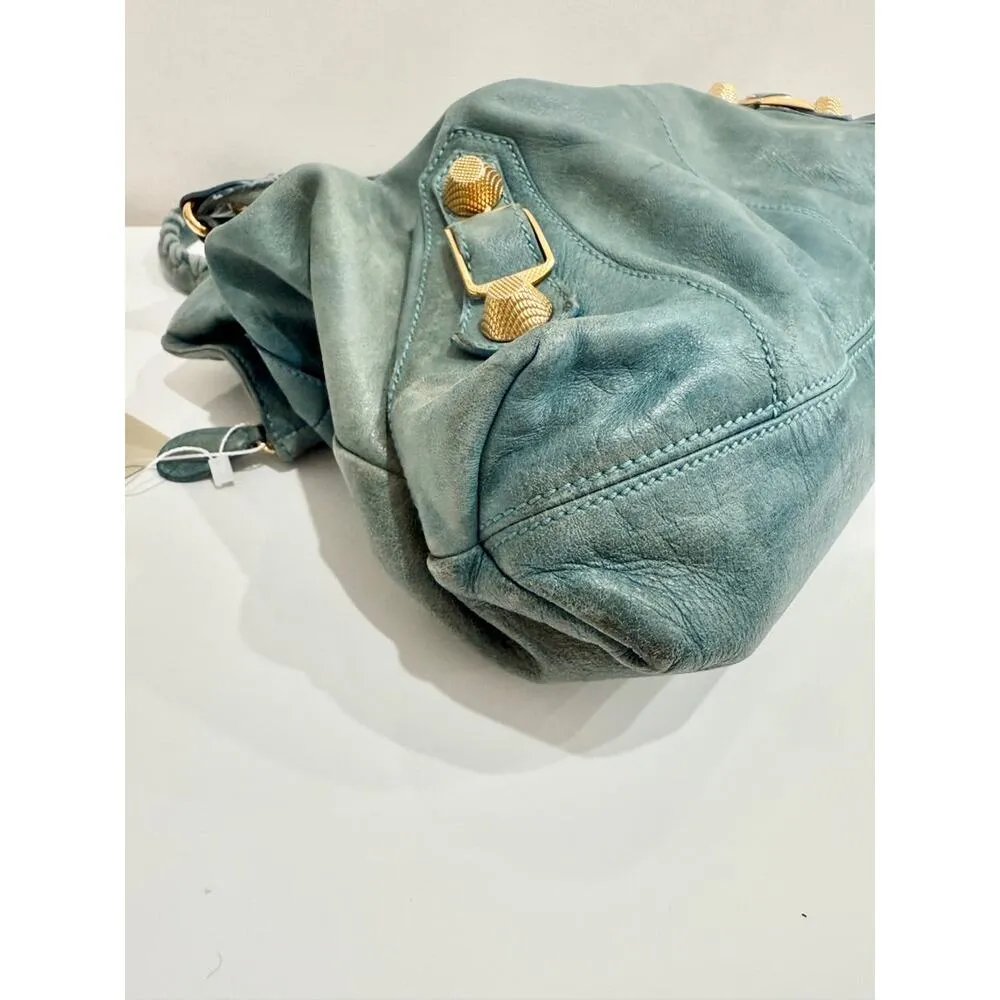 Balenciaga Classic Gold Studs Large Leather Shoulder Handbag Turquoise - Image 9