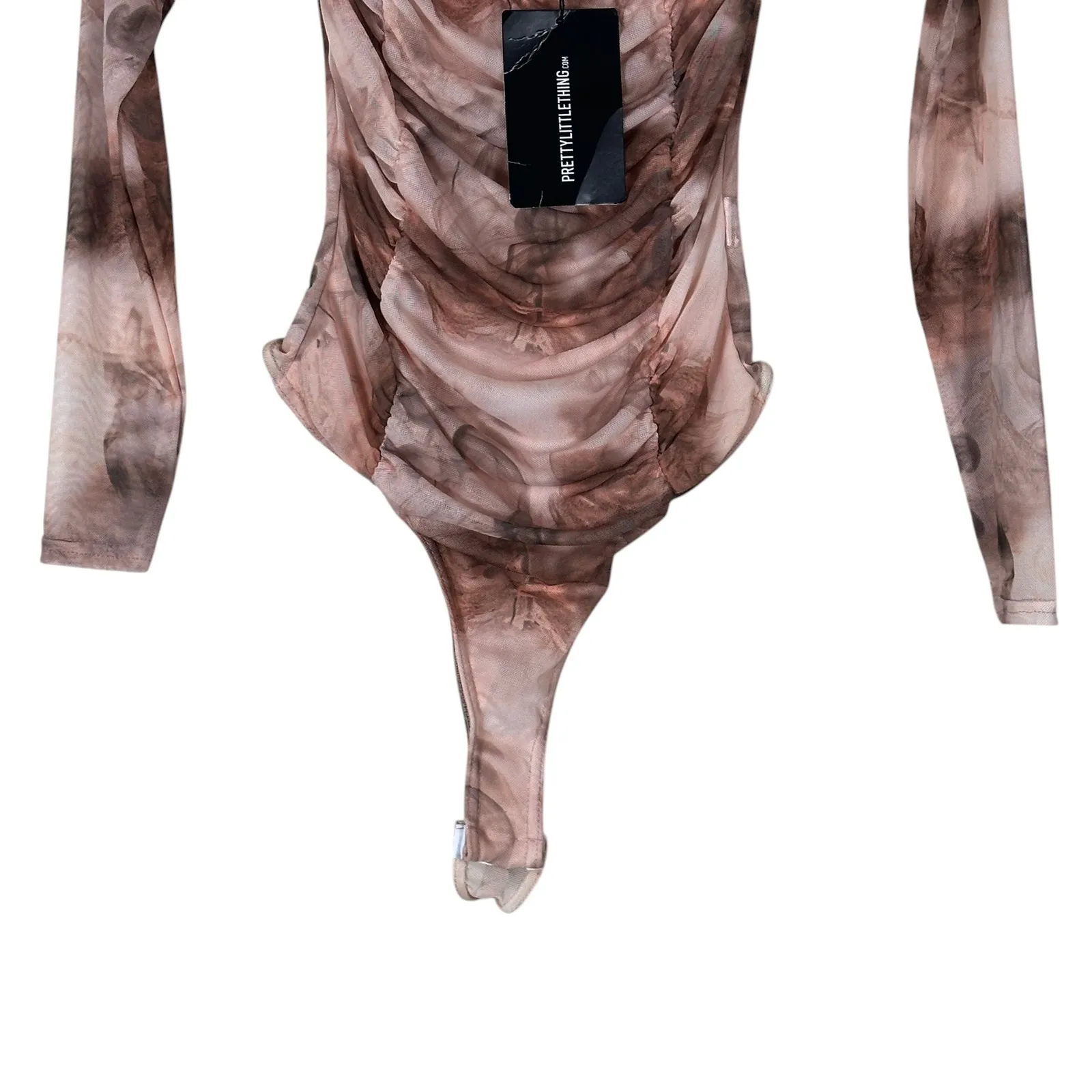 NWT PrettyLittleThing Bodysuit Womens 6 Pink Mesh Ruched Bardot Y2K Party - Image 6