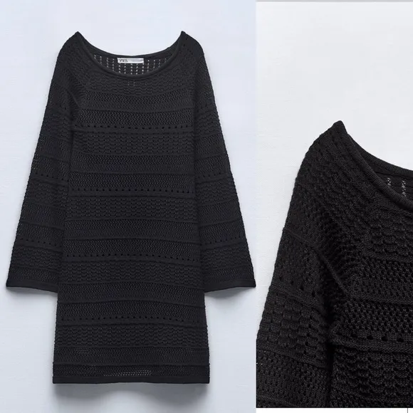 Zara NWT black knit crochet mini dress / cover up - Image 2