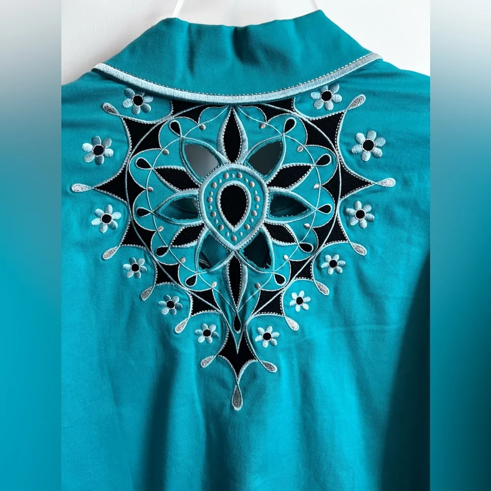 Bob Mackie Wearable Art Cutout Embroidered Turquoise Zipper Cotton Jacket - Image 3