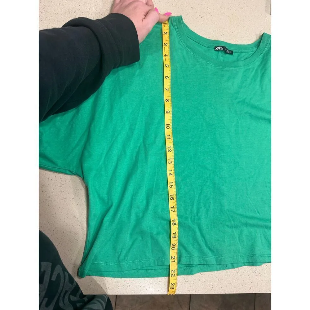Zara Shirt Womens Large Cropped Puff Sleeve Emerald Green Fall Preppy Oversized - Image 6