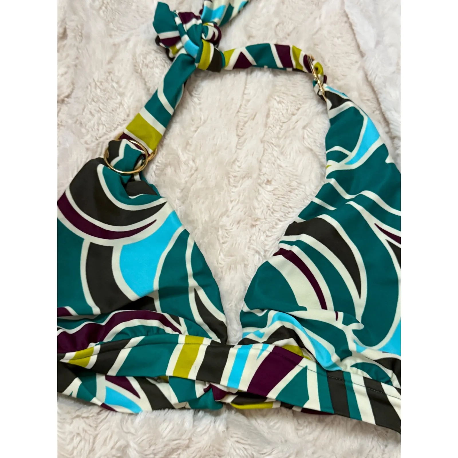 Mossimo Women Teal Abstract Print Halter Triangle Bikini Swimsuit Set 3 Size M - Image 4