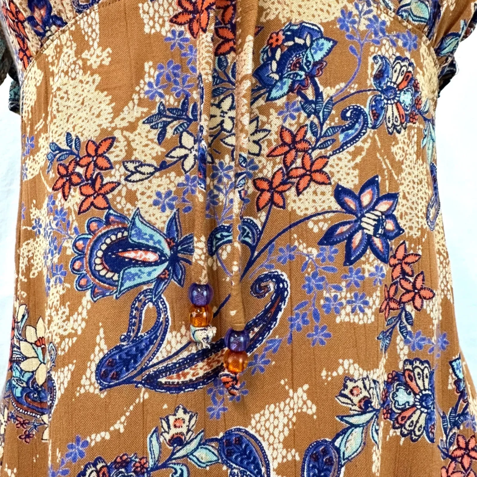 ANGIE Paisley Floral Babydoll Ruffles Sleeveless Mini Dress Orange Blue Womens M - Image 3