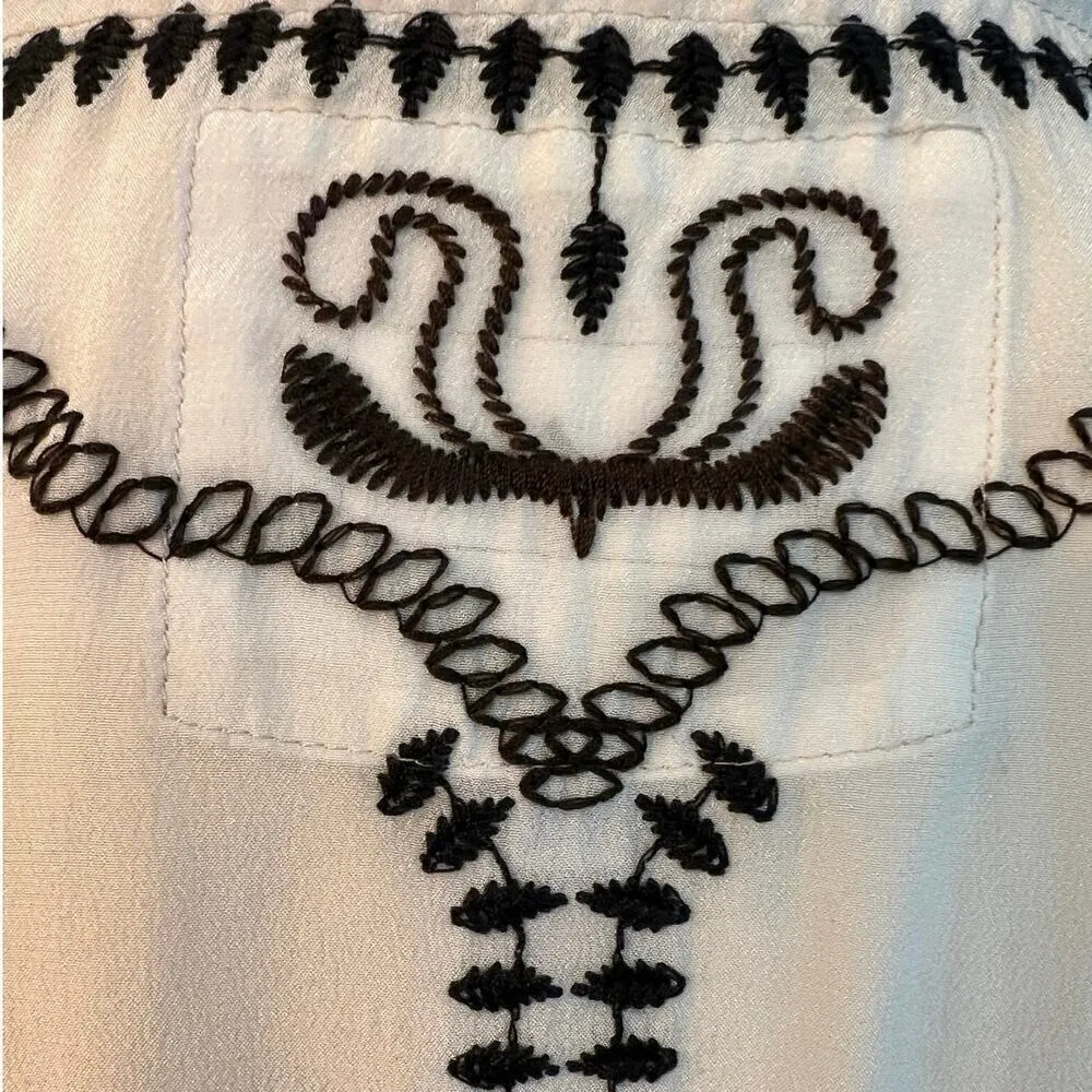 BIYA Johnny Was 100% Silk Cream Black Embroidered Tunic Top Boho Sheer Size S - Image 6
