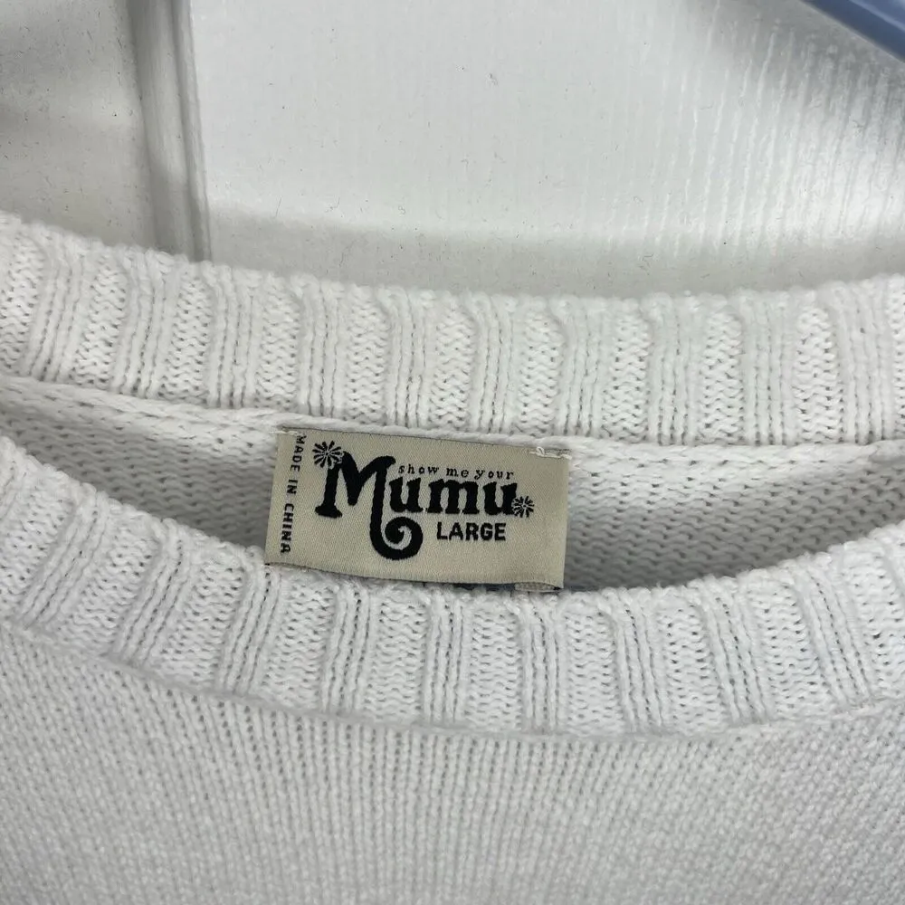 Show me your Mumu Sweater White Cropped Knit Vacay Varsity Crop Graphic Colorful - Image 6