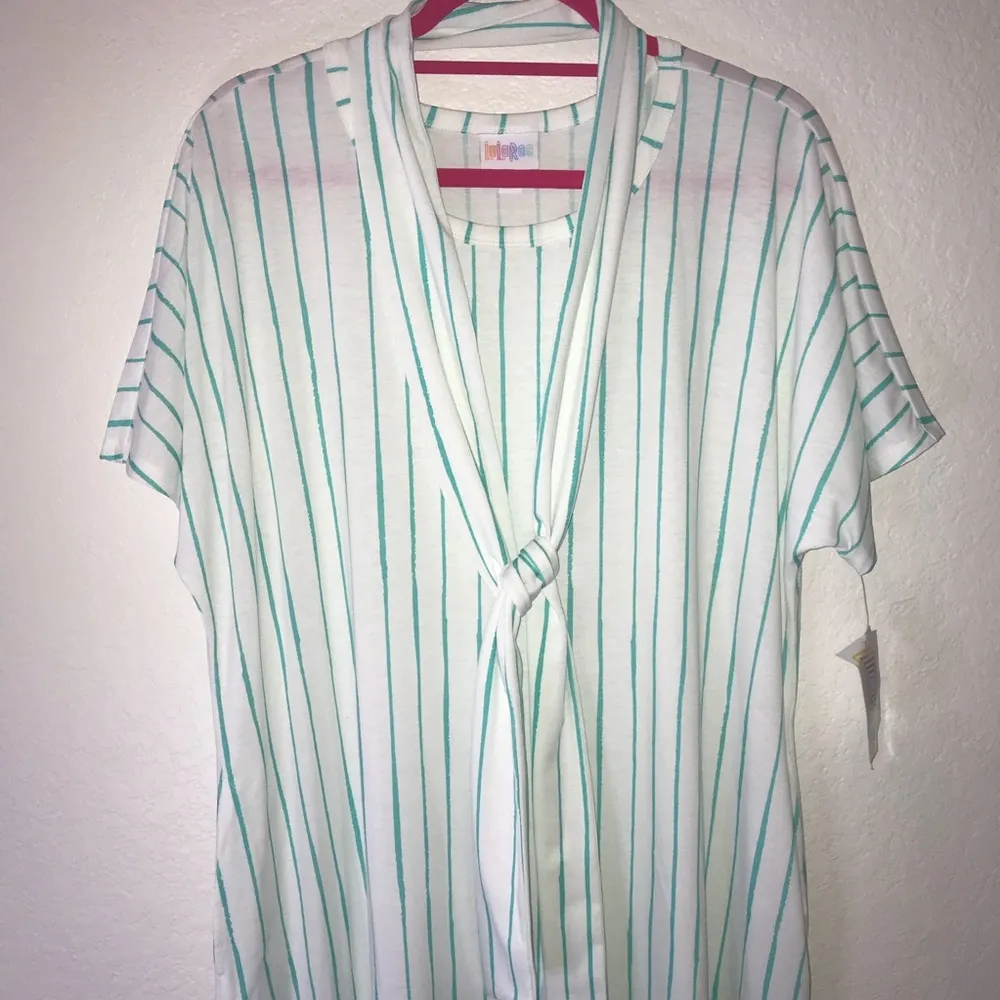LuLaRoe Dress Teal Stripes on White Marly Dress Sz 2X NWT Short Sleeve w/ Sash - Image 5