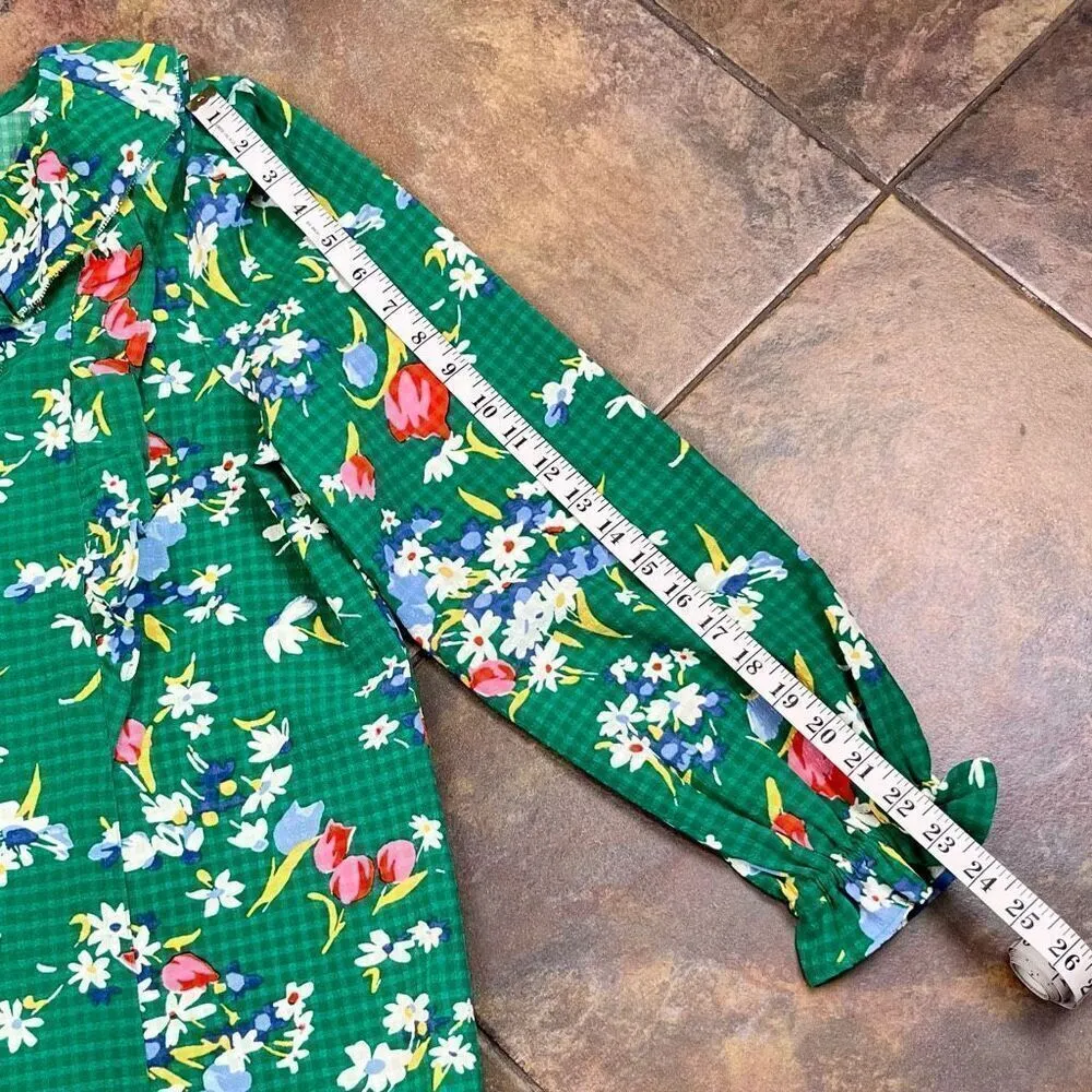 Loft Green Floral Bouquet Ruffle Tie Neck Blouse Large - Image 4