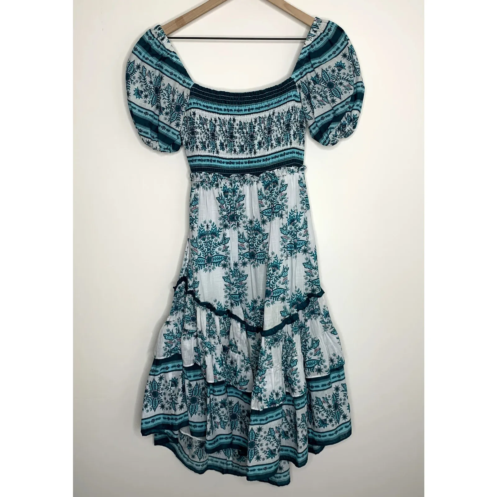 Celina Moon Turquoise White Floral Tiered Puff Sleeve Midi Dress Womens Small Blue - Image 3