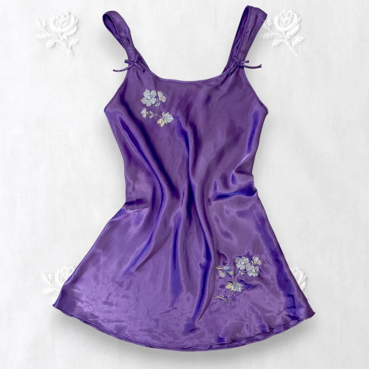 Cinema Etoile Early 2000's Fairy Embroidered Purple Satin Mini Slip Bow Dress M Size M - Image 2