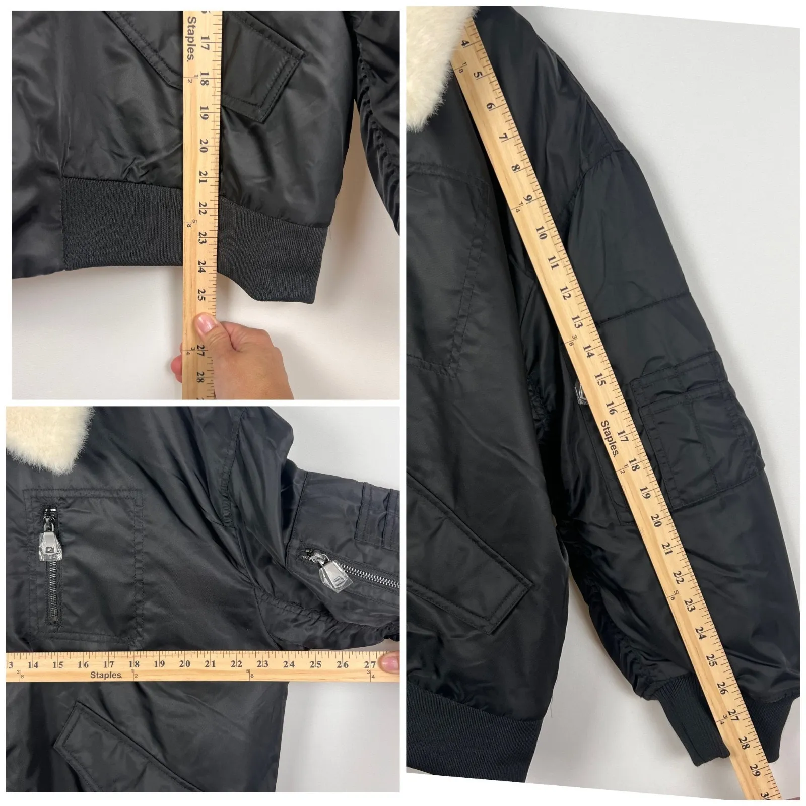 NVLT x Anthropologie Faux Fur Collar Bomber Jacket L Black Aviator Camo lined Size L - Image 9