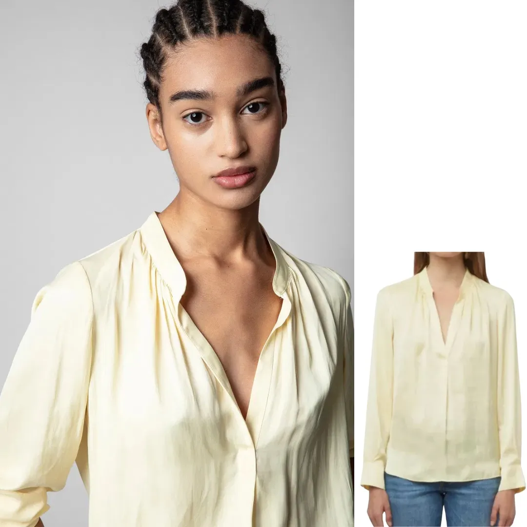 Zadig & Voltaire Tink Satin Blouse In Butter Yellow Sz Md V-Neck ASO Ted Lasso - Image 3