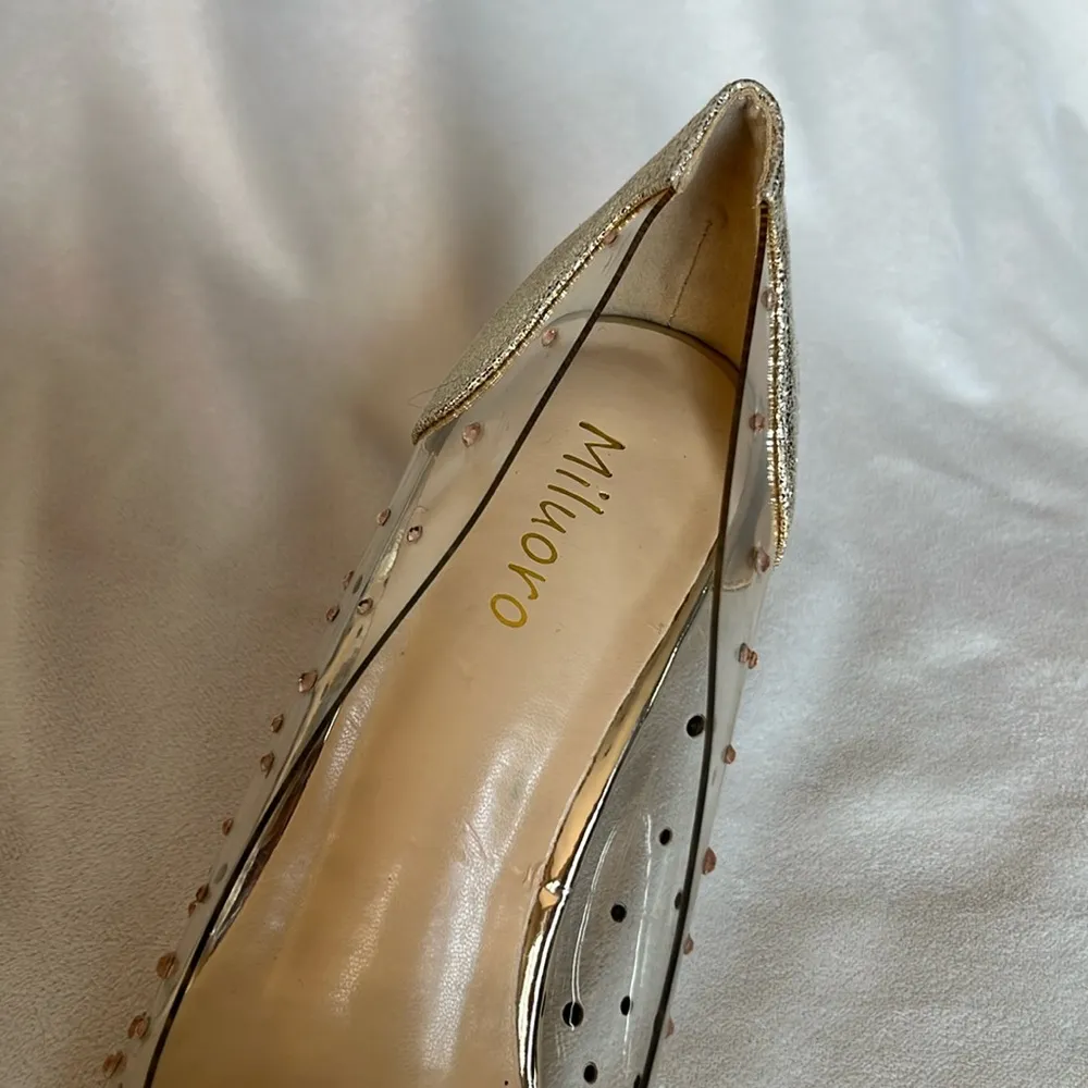 Miluoro High Heel Women's Pointed Toe Crystal Rhinestone Transparent Shoes Gold Size 8 - Image 3