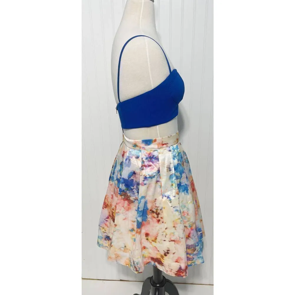 Aqua Bustier Crop Top Pleated Skirt Cutout Mini‎ Dress Marble Print Blue White 6 - Image 4