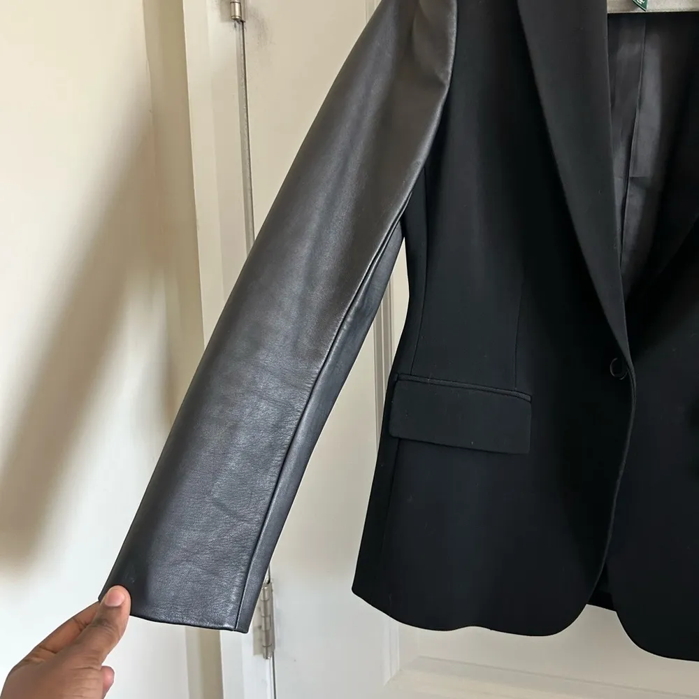 Lauren Ralph Lauren Women’s Wool Blazer Leather Sleeve Single Button 4 B… Black - Image 2