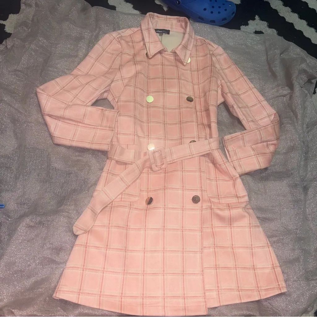 Alice Blue Pink Plaid Trench Coat XL - Image 6