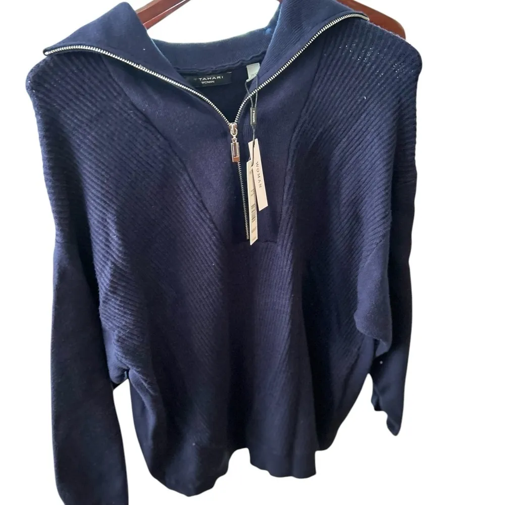 Tahari Women's 1X Navy‎ Blue Ribbed Funnel Neck Half-Zip Pullover Sweater - Image 5