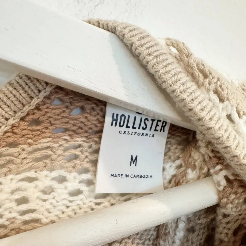 Hollister Crochet Knit Flare Bell Sleeve Square Neck Top Boho Cream‎ Tan Medium - Image 4