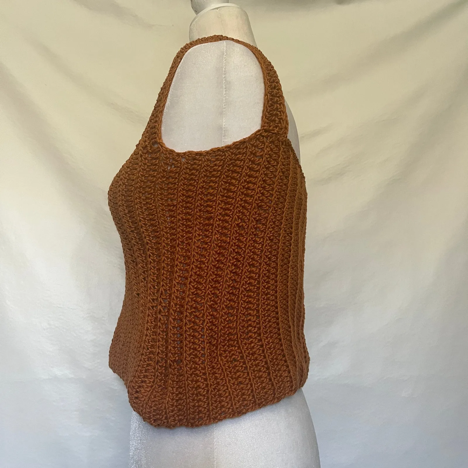 Handmade Crochet Crop Tank Womens Top Sz S Indie Y2K Boho Mustard Retro Cottage - Image 4