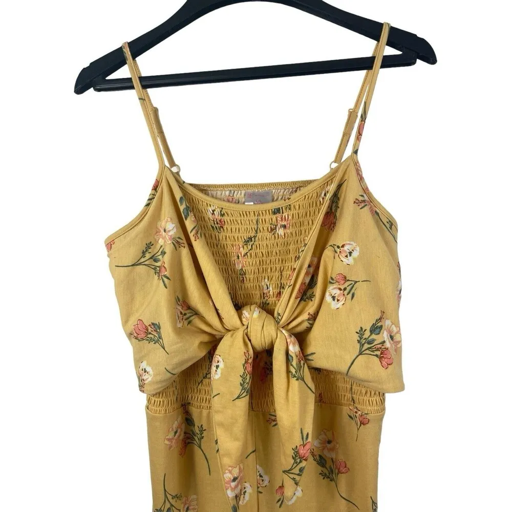 No Boundaries Yellow Floral Smocked Tie Front Back Cut Out Summer Jumpsuit L NWT - Image 3