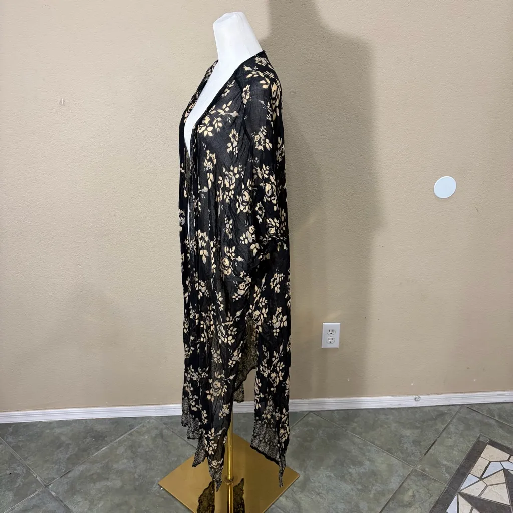 Gorgeous Long Kimono! Natural Life ! O/S Black Beige Floral Boho Cottage Grunge - Image 6