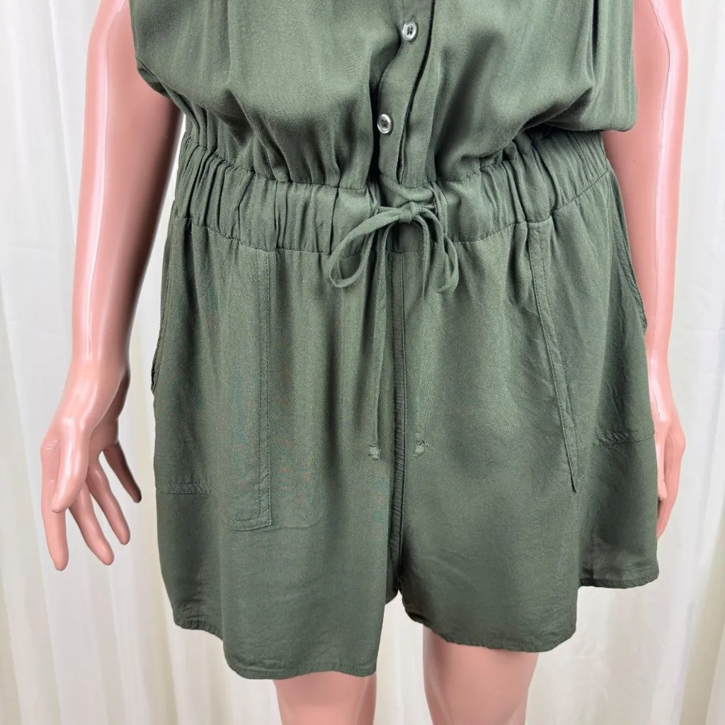 One Clothing Button Front Cargo Drawstring Utility Romper Sz LG Heather Green - Image 6