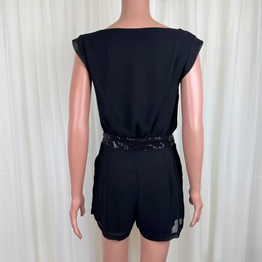 Women's TCEC Sequins Accent Ruched Shirred Chiffon Romper Size Medium Black - Image 4
