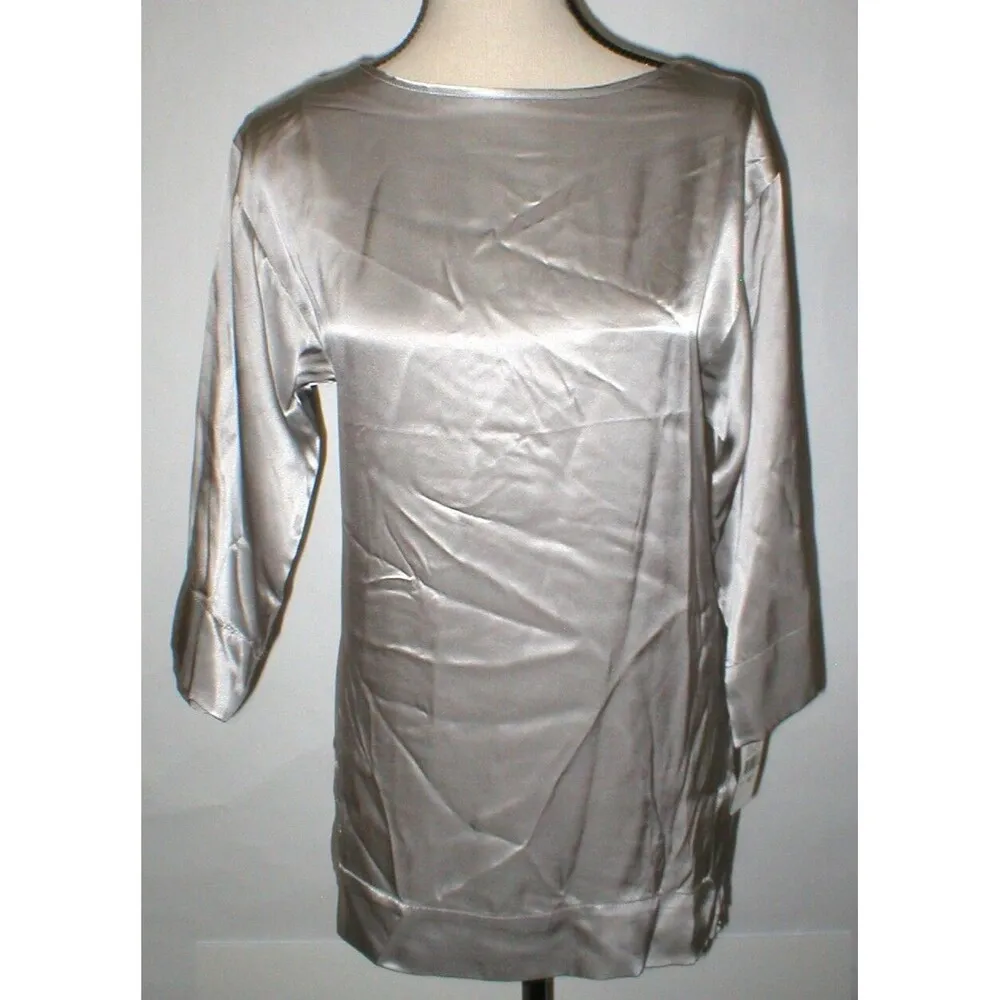 New Womens Designer Josie Natori Silk Blouse Top S NWT Silver Long Sleeves NWT - Image 6