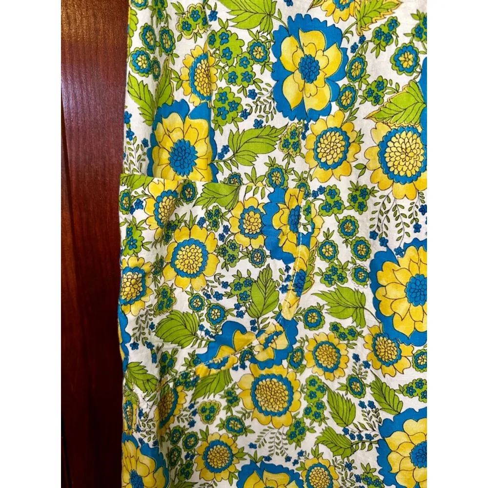 Vintage Homemade Likely a Small 70’s Blue & Yellow Floral Dress w button straps White - Image 5