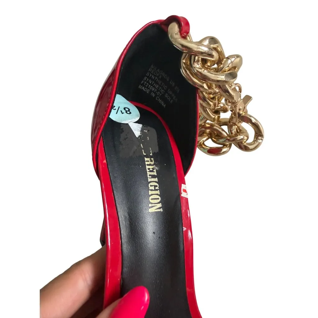 True Religion  Red Gold Patent Chain Ankle Strap Heels Size 8.5 - Image 7