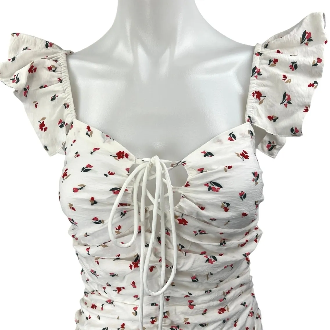 Sage White Floral Sleeveless Flutter Sleeve Lace-up Ruched Mini Bodycon Dress S - Image 3