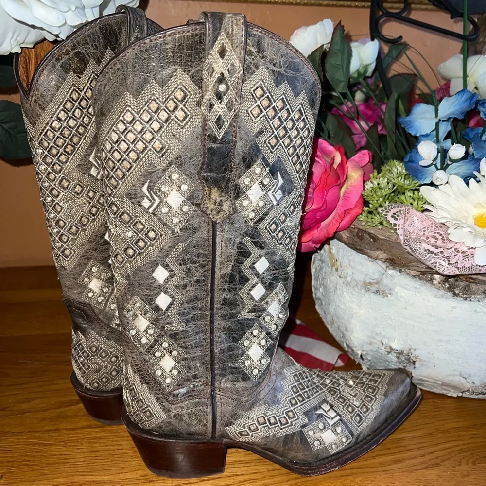 Distressed Brown Embroidered/Crystal   Western Boots  US6 MEX23 - Image 9