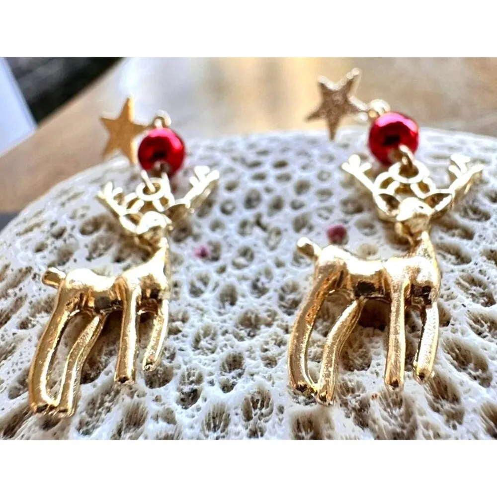Reindeer Earrings Rudolph New Festive Christmas Eve Party Star Dangle Ho… Gold - Image 5